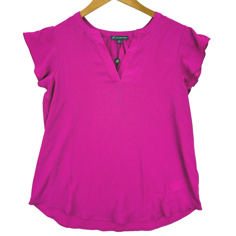 Adrianna Papell Blouse Women's M Fuchsia Split Neck Flutter Sleeve Flowy NWT